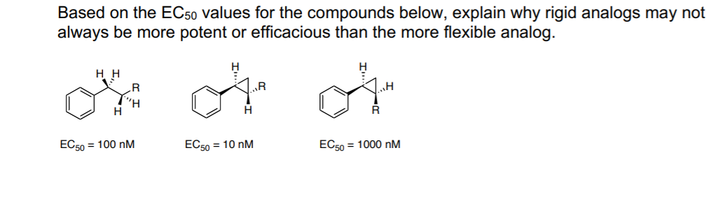 Based on the EC50 values for the compounds below, explain why rigid analogs may not
always be more potent or efficacious than the more flexible analog.
H H
R
R
"H,
H
EC50 = 100 nM
EC50 = 10 nM
EC50 = 1000 nM
