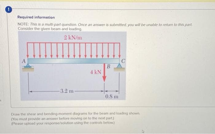 !
Required information
NOTE: This is a multi-part question. Once an answer is submitted, you will be unable to return to this part.
Consider the given beam and loading.
A
2 kN/m
C
B
4 kN
-3.2 m -
0.8 m
Draw the shear and bending-moment diagrams for the beam and loading shown.
(You must provide an answer before moving on to the next part.)
(Please upload your response/solution using the controls below.)