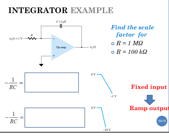 INTEGRATOR EXAMPLE
C=1 µF
Find the scale
factor for
R
v;1) = 1 V -
o R = 1 MQ
o R = 100 k
Op-amp
ov
1
RC
Fixed input
-1 V
Ramp output
OV
1
RC
50/75
-10 V
