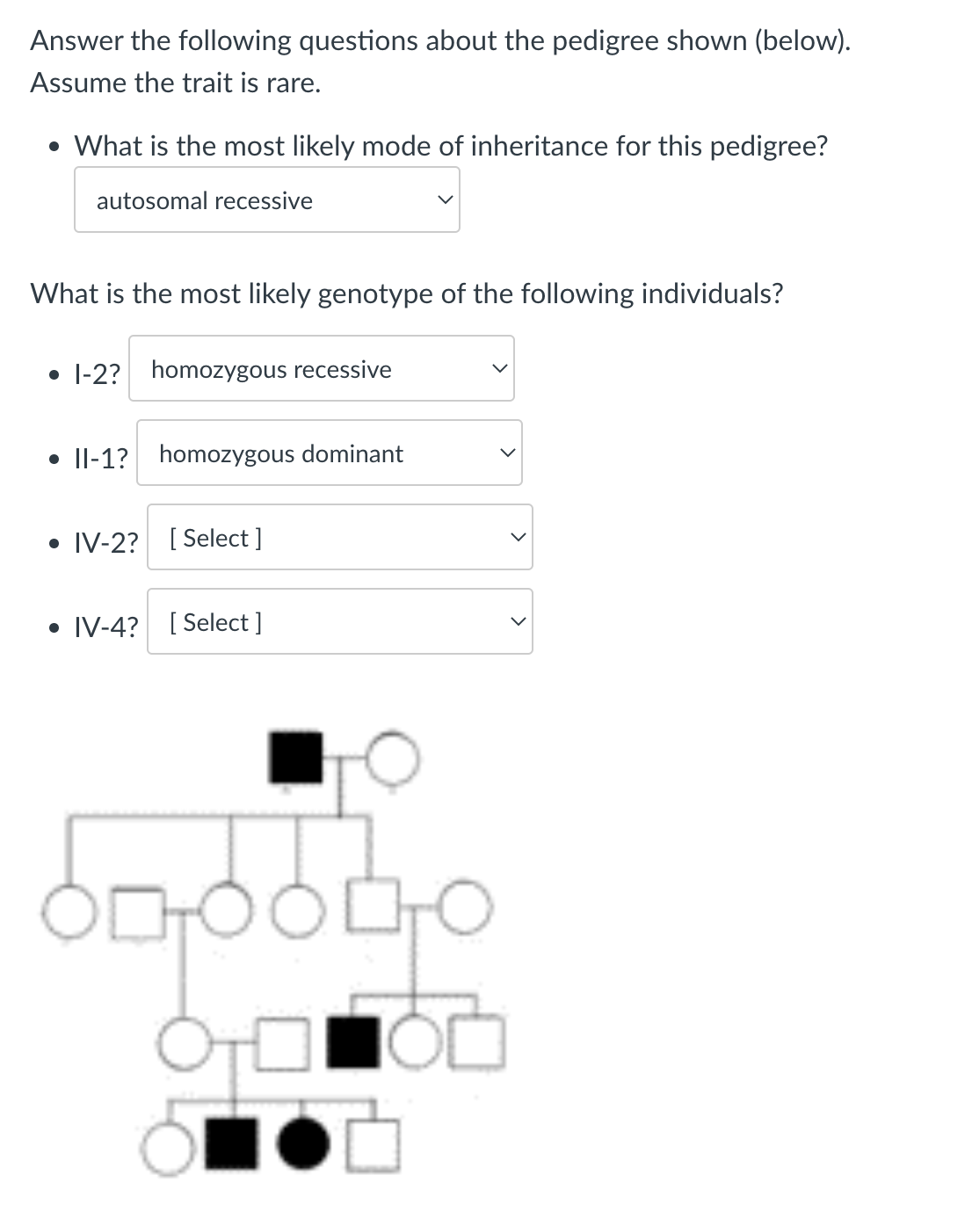 Answer the following questions about the pedigree shown (below).
Assume the trait is rare.
• What is the most likely mode of inheritance for this pedigree?
autosomal recessive
What is the most likely genotype of the following individuals?
• 1-2? homozygous recessive
• Il-1? homozygous dominant
• IV-2? [ Select ]
• [V-4? [ Select ]
6대
-
100