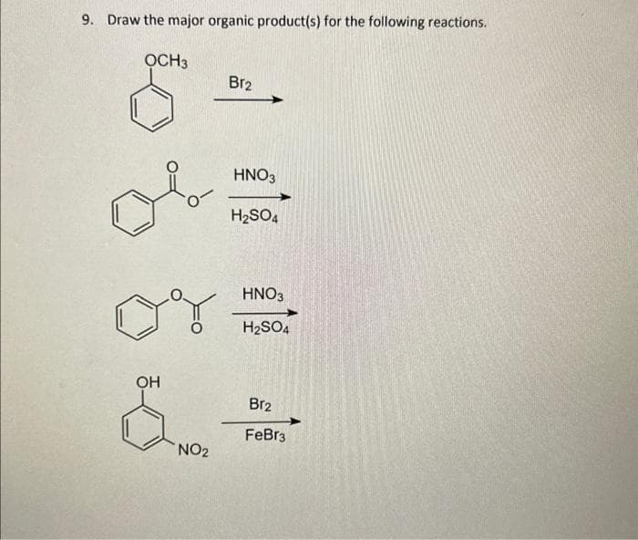 9. Draw the major organic product(s) for the following reactions.
OCH 3
Y
O
OH
E
NO2
Br2
HNO3
H₂SO4
HNO3
H₂SO4
Br2
FeBr3