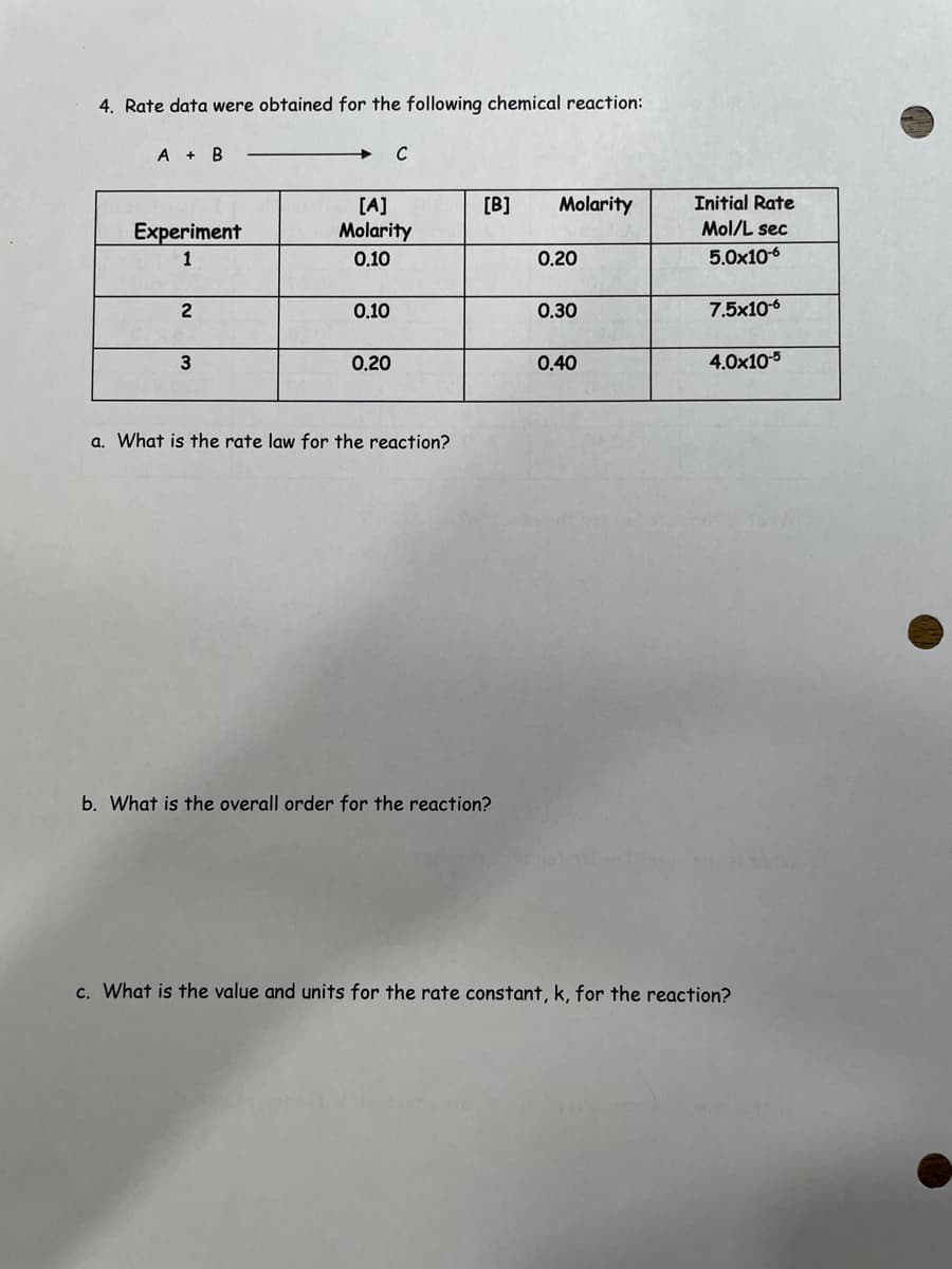 4. Rate data were obtained for the following chemical reaction:
A + B
Experiment
1
2
3
[A]
Molarity
0.10
0.10
C
0,20
a. What is the rate law for the reaction?
[B] Molarity
b. What is the overall order for the reaction?
0,20
0.30
0.40
Initial Rate
Mol/L sec
5.0x10-6
7.5x10-6
4.0x10-5
c. What is the value and units for the rate constant, k, for the reaction?