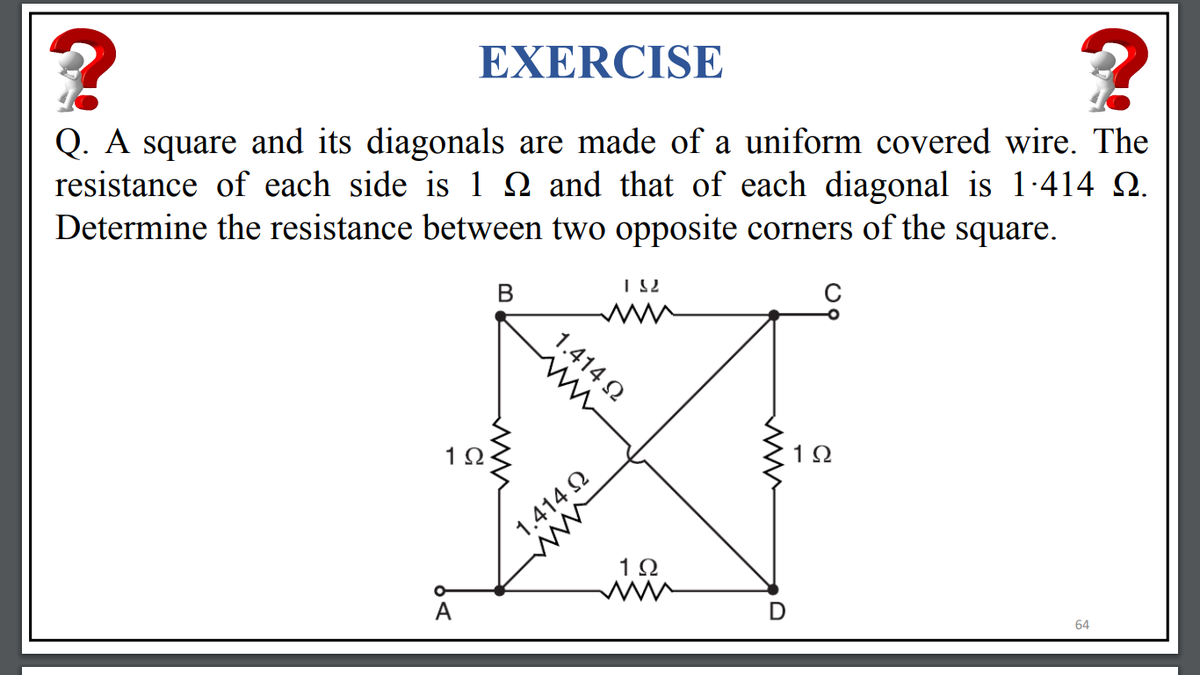 EXERCISE
Q. A square and its diagonals are made of a uniform covered wire. The
resistance of each side is 1 Q and that of each diagonal is 1-414 Q.
Determine the resistance between two opposite corners of the square.
1.414 N
1Ω
1Ω
1.414 2
1Ω
A
64
