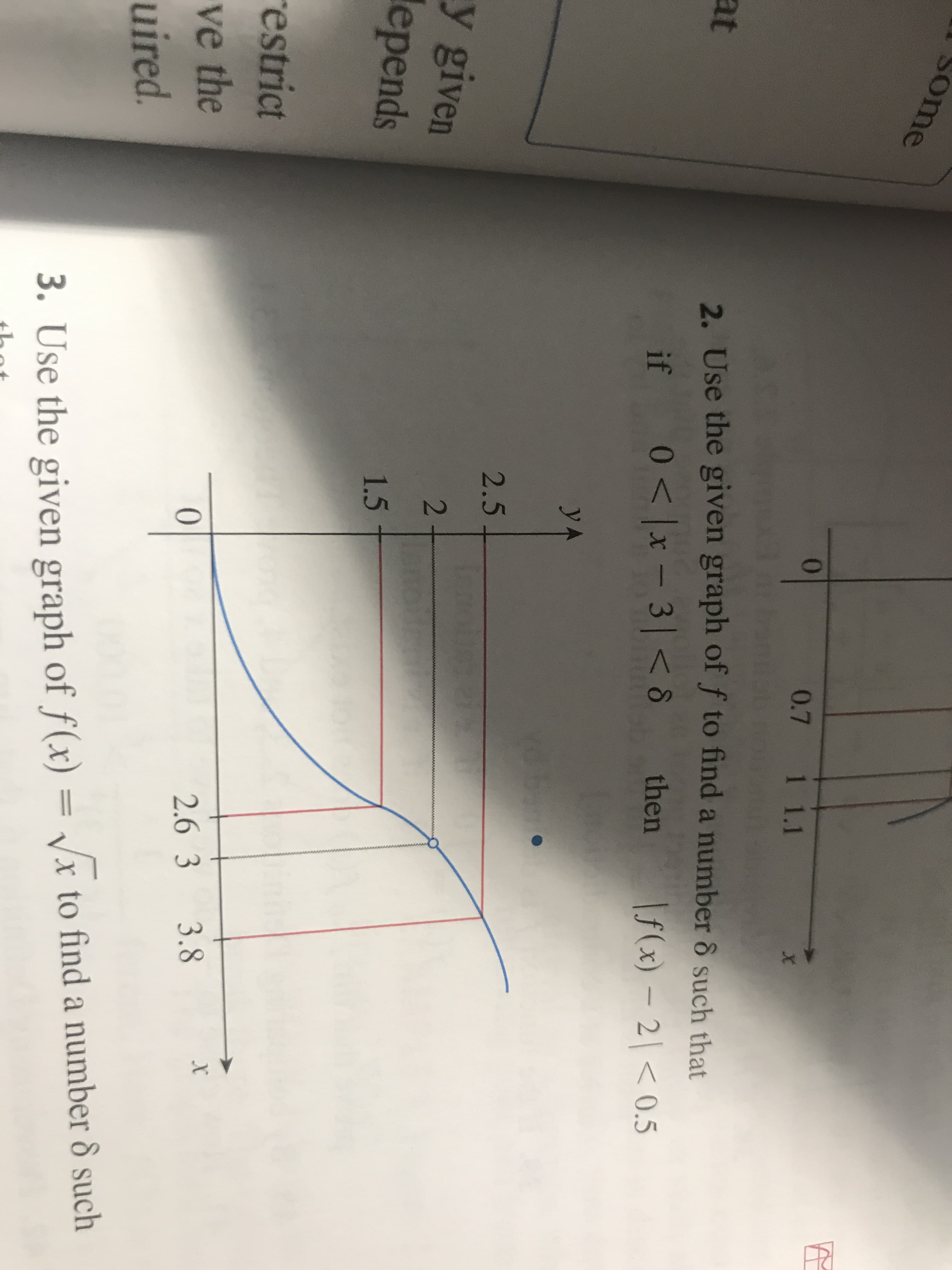 Some
0.7 1 1.1
X
2. Use the given graph of f to find a number 8 such that
\f(x) - 21<0.5
at
then
if 0x-3 < 8
yA
2.5
y given
epends
2
1.5
estrict
ve the
0
2.6 3
3.8
uired.
3. Use the given graph of f(x) = Vx to find a number 8 such
