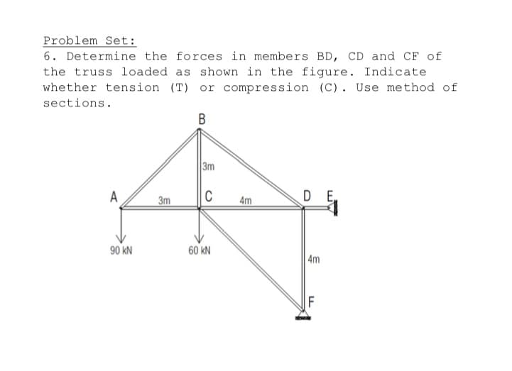 Problem Set:
6. Determine the forces in members BD, CD and CF of
the truss loaded as shown in the figure. Indicate
whether tension (T) or compression (C). Use method of
sections.
В
3m
A
3m
C
4m
DE
90 KN
60 kN
|4m
