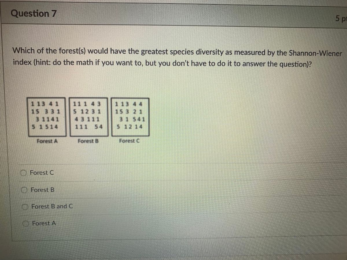 Question 7
5 pt
Which of the forest(s) would have the greatest species diversity as measured by the Shannon-Wiener
index (hint: do the math if you want to, but you don't have to do it to answer the question)?
11 1 43
5 12 3 1
43111
113 41
113 4
15 33 1
15 3 2 1
3 1141
5 1514
31 541
111
54
5 12 14
Forest A
Forest B
Forest C
Forest C
O Forest B
Forest B and C
Forest A
