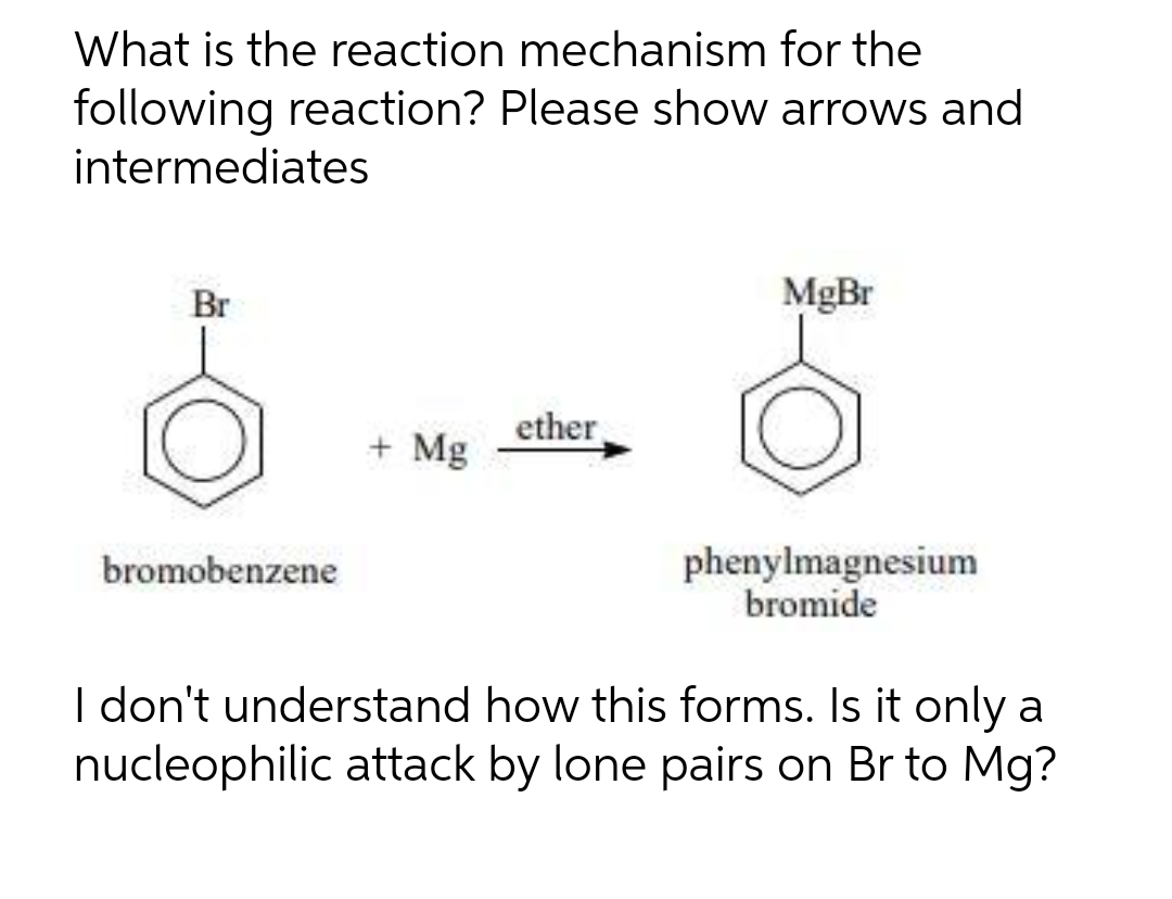 What is the reaction mechanism for the
following reaction? Please show arrows and
intermediates
Br
MgBr
ether,
+ Mg
phenylmagnesium
bromide
bromobenzene
I don't understand how this forms. Is it only a
nucleophilic attack by lone pairs on Br to Mg?
