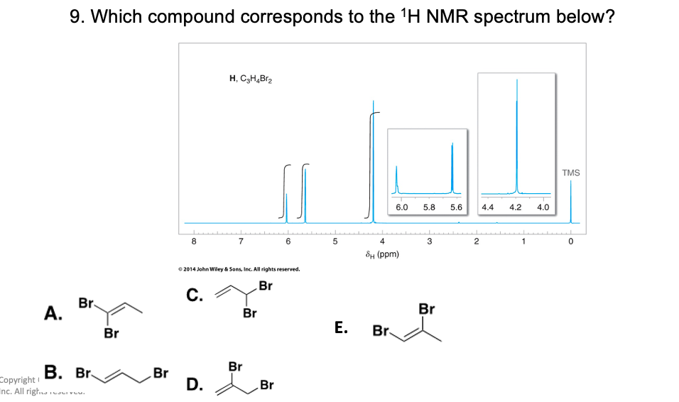 9. Which compound corresponds to the 1H NMR spectrum below?
H, C3H,Br2
TMS
6.0
5.8
5.6
4.4
4.2
4.0
8.
7
5
4
3
2
ôH (ppm)
0 2014 John Wiley & Sons, Inc. All rights reserved.
Br
С.
Br
А.
Br
Br
Br
Br
Copyright |
Inc. All righ. .
В. Br.
Br
D.
Br
Br
E.
