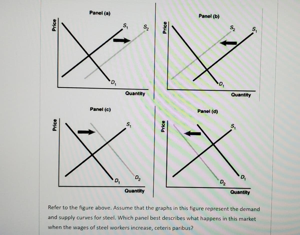 Panel (a)
Panel (b)
Quantity
Quantity
Panel (c)
Panel (d)
D,
Quantity
Quantity
Refer to the figure above. Assume that the graphs in this figure represent the demand
and supply curves for steel. Which panel best describes what happens in this market
when the wages of steel workers increase, ceteris paribus?

