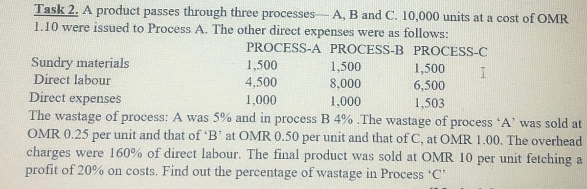 Task 2. A product passes through three processes- A, B and C. 10,000 units at a cost of OMR
1.10 were issued to Process A. The other direct expenses were as follows:
PROCESS-A PROCESS-B PROCESS-C
Sundry materials
Direct labour
1,500
1,500
1,500
4,500
8,000
6,500
Direct expenses
1,000
1,000
1,503
The wastage of process: A was 5% and in process B 4% .The wastage of process 'A' was sold at
OMR 0.25 unit and that of 'B' at OMR 0.50 per unit and that of C, at OMR 1.00. The overhead
per
charges were 160% of direct labour. The final product was sold at OMR 10 per unit fetching a
profit of 20% on costs. Find out the percentage of wastage in Process 'C'
