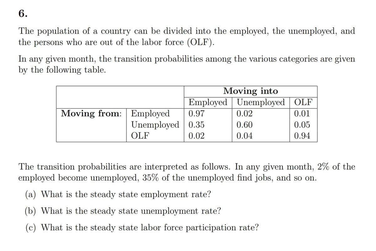 6.
The population of a country can be divided into the employed, the unemployed, and
the persons who are out of the labor force (OLF).
In any given month, the transition probabilities among the various categories are given
by the following table.
Moving into
Employed Unemployed OLF
Moving from: Employed
0.97
0.02
0.01
Unemployed 0.35
OLF
0.60
0.05
0.02
0.04
0.94
The transition probabilities are interpreted as follows. In any given month, 2% of the
employed become unemployed, 35% of the unemployed find jobs, and so on.
(a) What is the steady state employment rate?
(b) What is the steady state unemployment rate?
(c) What is the steady state labor force participation rate?
