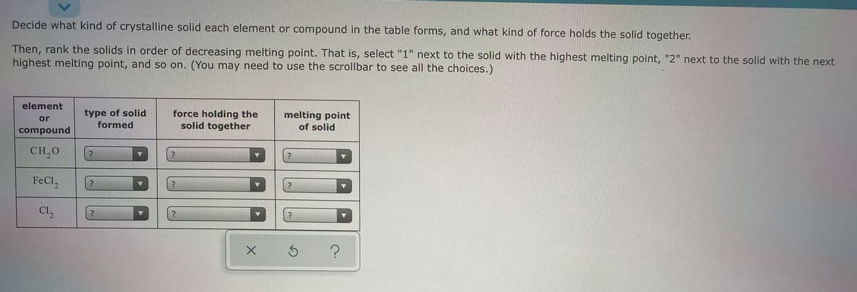 Decide what kind of crystalline solid each element or compound in the table forms, and what kind of force holds the solid together.
Then, rank the solids in order of decreasing melting point. That is, select "1" next to the solid with the highest melting point, "2" next to the solid with the next
highest melting point, and so on. (You may need to use the scrollbar to see all the choices.)
element
type of solid
formed
force holding the
solid together
melting point
or
of solid
compound
CH,0
?
FeCl,
?
?
Cl,
