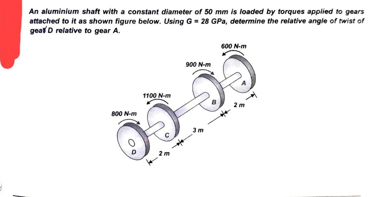 An aluminium shaft with a constant diameter of 50 mm is loaded by torques applied to gears
attached to it as shown figure below. Using G = 28 GPa, determine the relative angle of twist of
geat D relative to gear A.
800 N-m
1100 N-m
ÌÏ-ÏÏ
C
900 N-m
2 m
3 m
600 N-m
B
2 m