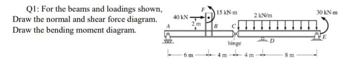 Ql: For the beams and loadings shown,
15 kN-m
30 kN-m
40 kN
2 kN/m
Draw the normal and shear force diagram.
A
2 m
Draw the bending moment diagram.
hinge
4m - 4 m-
m
