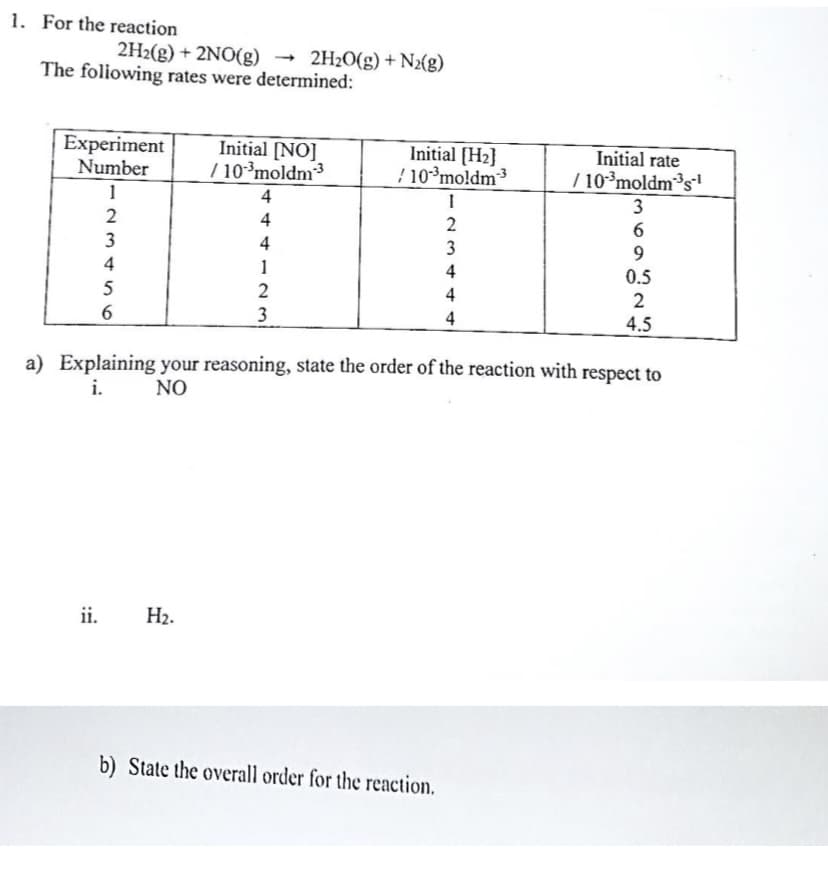 1. For the reaction
2H2(g) + 2NO(g)
The foliowing rates were determined:
2H20(g) + N2(g)
Experiment
Number
Initial [NO]
/ 10³moldm3
Initial [H2}
/ 103moldm3
Initial rate
/ 10³moldm³s'
1
4
3
4
2
6
3
4
9
4
1
4
0.5
5
2
4
2
6
3
4
4.5
a) Explaining your reasoning, state the order of the reaction with respect to
i.
NO
ii.
H2.
b) State the overall order for the reaction.
