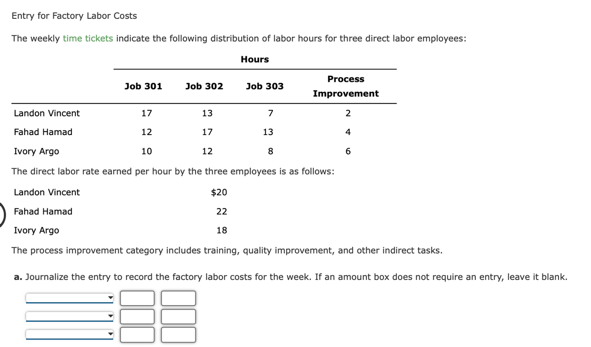 Entry for Factory Labor Costs
The weekly time tickets indicate the following distribution of labor hours for three direct labor employees:
Job 301
17
12
10
Job 302
13
17
Hours
Landon Vincent
Fahad Hamad
Ivory Argo
The direct labor rate earned per hour by the three employees is as follows:
$20
22
18
12
Job 303
7
13
Process
Improvement
2
4
6
8
Landon Vincent
Fahad Hamad
Ivory Argo
The process improvement category includes training, quality improvement, and other indirect tasks.
a. Journalize the entry to record the factory labor costs for the week. If an amount box does not require an entry, leave it blank.
