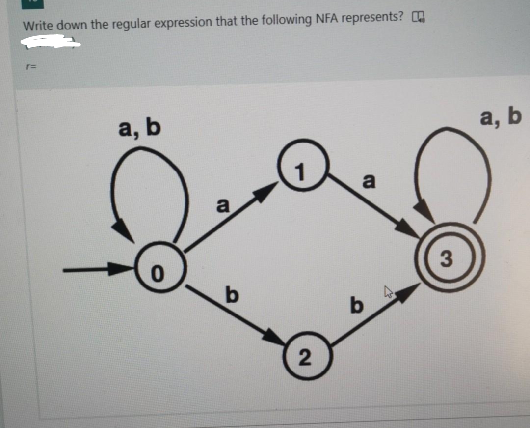 Write down the regular expression that the following NFA represents?
r=
a, b
1
a
0
a
b
2
b
4
3
a, b