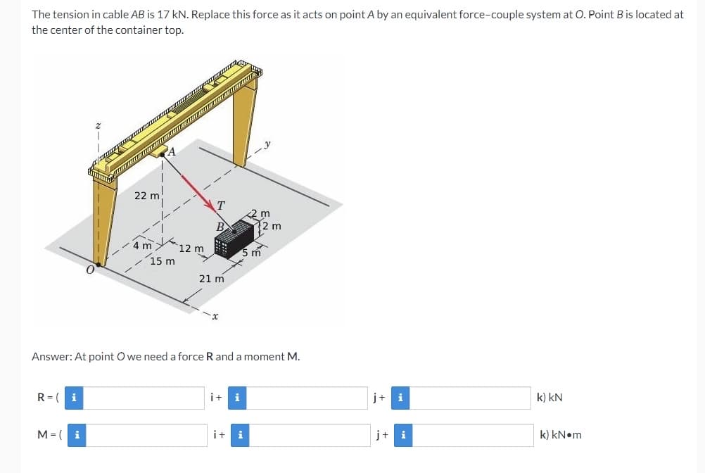 The tension in cable AB is 17 kN. Replace this force as it acts on point A by an equivalent force-couple system at O. Point B is located at
the center of the container top.
22 m
2 m
2 m
4 m
12 m
15 m
5 m
21 m
Answer: At point O we need a force R and a moment M.
R = (i
i+
j+ i
k) kN
M = (
i
i+
i
j+
i
k) kN•m
