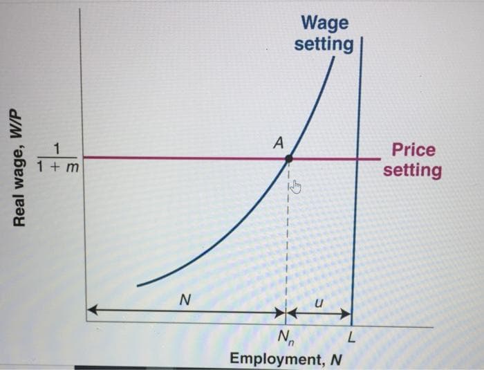 Real wage, W/P
1
1+m
N
A
Wage
setting
u
N₂
Employment, N
L
Price
setting