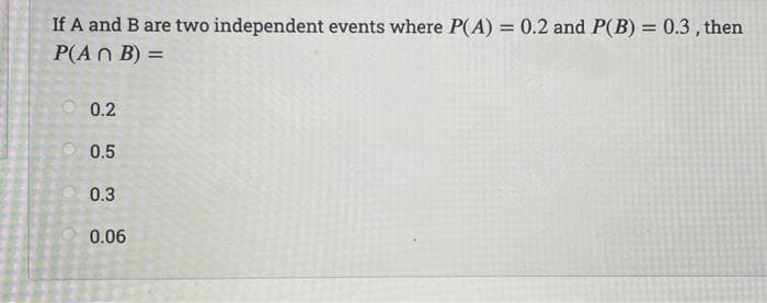 If A and B are two independent events where P(A) = 0.2 and P(B) = 0.3 , then
P(A N B) =
%3D
O 0.2
0.5
0.3
0.06
