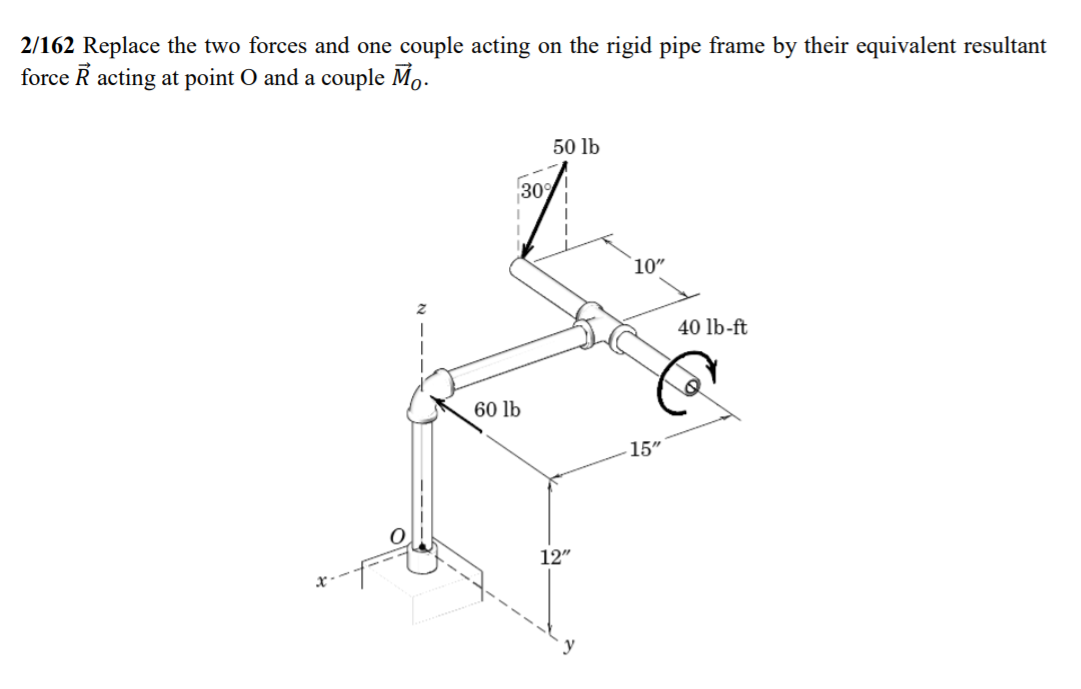 2/162 Replace the two forces and one couple acting on the rigid pipe frame by their equivalent resultant
force R acting at point O and a couple Mo.
50 lb
30
10"
40 lb-ft
60 lb
15"
12"
y
