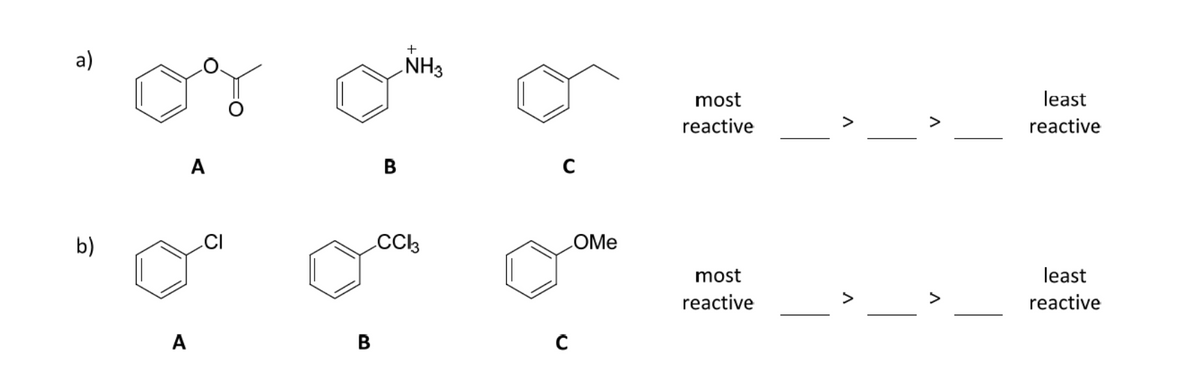 a)
b)
A
A
B
+
NH3
CC13
C
COME
C
most
reactive
most
reactive
V
V
least
reactive
least
reactive