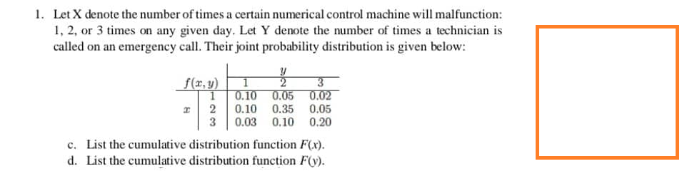 1. Let X denote the number of times a certain numerical control machine will malfunction:
1, 2, or 3 times on any given day. Let Y denote the number of times a technician is
called on an emergency call. Their joint probability distribution is given below:
2/2
f(x,y)
1
0.10 0.05
2
0.10 0.35
3 0.03 0.10 0.20
I
3
0.02
0.05
c. List the cumulative distribution function F(x).
d. List the cumulative distribution function F(y).