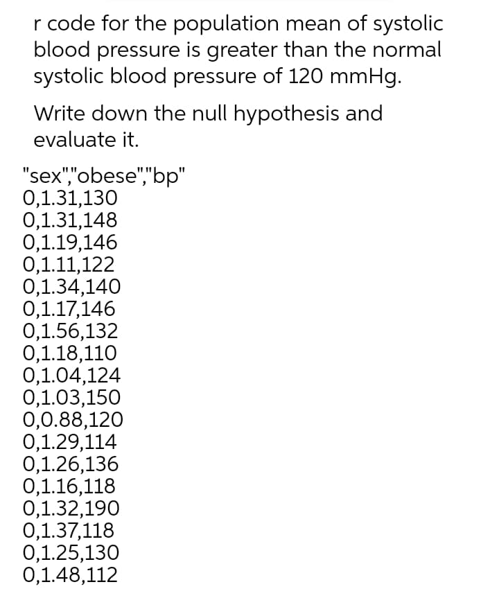 r code for the population mean of systolic
blood pressure is greater than the normal
systolic blood pressure of 120 mmHg.
Write down the null hypothesis and
evaluate it.
"sex","obese","bp"
0,1.31,130
0,1.31,148
0,1.19,146
0,1.11,122
0,1.34,140
0,1.17,146
0,1.56,132
0,1.18,110
0,1.04,124
0,1.03,150
0,0.88,120
0,1.29,114
0,1.26,136
0,1.16,118
0,1.32,190
0,1.37,118
0,1.25,130
0,1.48,112
