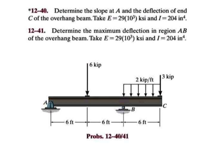 *12-40. Determine the slope at A and the deflection of end
Cof the overhang beam. Take E= 29(103) ksi and I=204 int.
12-41. Determine the maximum deflection in region AB
of the overhang beam. Take E= 29(103) ksi and I=204 in".
%3D
6 kip
|3 kip
2 kip/ft
A
B
6 ft
6 ft
-6 ft
Probs. 12-40/41
