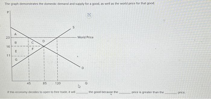 The graph demonstrates the domestic demand and supply for a good, as well as the world price for that good.
P
23
16
11
A
B
E
10
G
alu
1
45
D
85
120
S
If this economy decides to open to free trade, it will
World Price
Q
the good because the
price is greater than the
price.