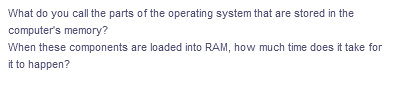 What do you call the parts of the operating system that are stored in the
computer's memory?
When these components are loaded into RAM, how much time does it take for
it to happen?