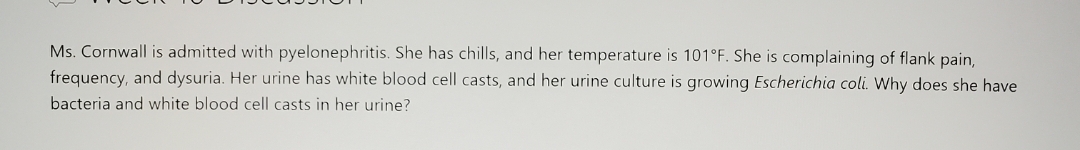 Ms. Cornwall is admitted with pyelonephritis. She has chills, and her temperature is 101°F. She is complaining of flank pain,
frequency, and dysuria. Her urine has white blood cell casts, and her urine culture is growing Escherichia coli. Why does she have
bacteria and white blood cell casts in her urine?
