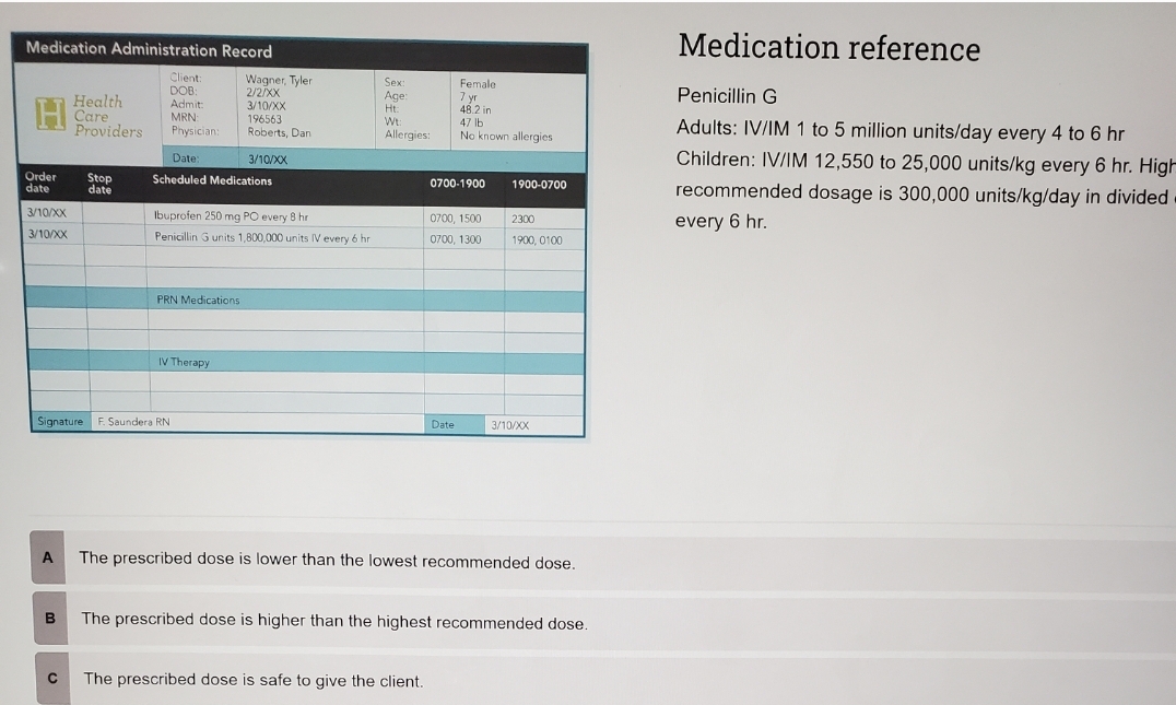 Medication Administration Record
Medication reference
Client:
DOB:
Wagner, Tyler
2/2/XX
3/10/XX
196563
Roberts, Dan
Sex:
Female
7 yr
48.2 in
Penicillin G
Health
H Care
Providers
Age:
Ht:
Wt:
Allergies:
Admit:
MRN
Adults: IV/IM 1 to 5 million units/day every 4 to 6 hr
47 lb
Physician:
No known allergies
Children: IV/IM 12,550 to 25,000 units/kg every 6 hr. High
Date:
3/10/XX
Order
date
Stop
date
Scheduled Medications
0700-1900
1900-0700
recommended dosage is 300,000 units/kg/day in divided
3/10/XX
Ibuprofen 250 mg PO every 8 hr
0700, 1500
2300
every 6 hr.
3/10/XX
Penicillin G units 1,800,000 units IV every 6 hr
0700, 1300
1900, 0100
PRN Medications
IV Therapy
Signature F. Saundera RN
Date
3/10/XX
A
The prescribed dose is lower than the lowest recommended dose.
B
The prescribed dose is higher than the highest recommended dose.
The prescribed dose is safe to give the client.
