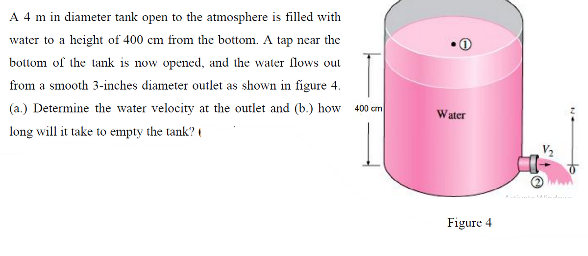 A 4 m in diameter tank open to the atmosphere is filled with
water to a height of 400 cm from the bottom. A tap near the
bottom of the tank is now opened, and the water flows out
from a smooth 3-inches diameter outlet as shown in figure 4.
(a.) Determine the water velocity at the outlet and (b.) how
400 cm
Water
long will it take to empty the tank?
Figure 4
