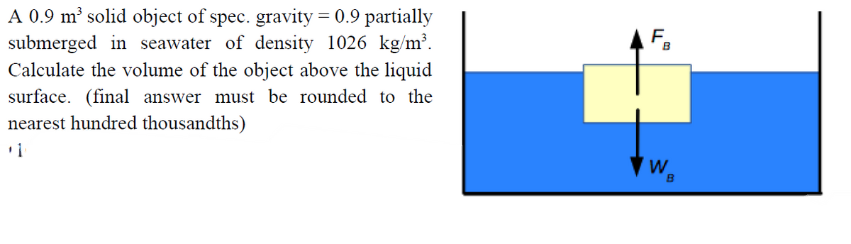 A 0.9 m² solid object of spec. gravity = 0.9 partially
submerged in seawater of density 1026 kg/m³.
Calculate the volume of the object above the liquid
B
surface. (final answer must be rounded to the
nearest hundred thousandths)
W
B
