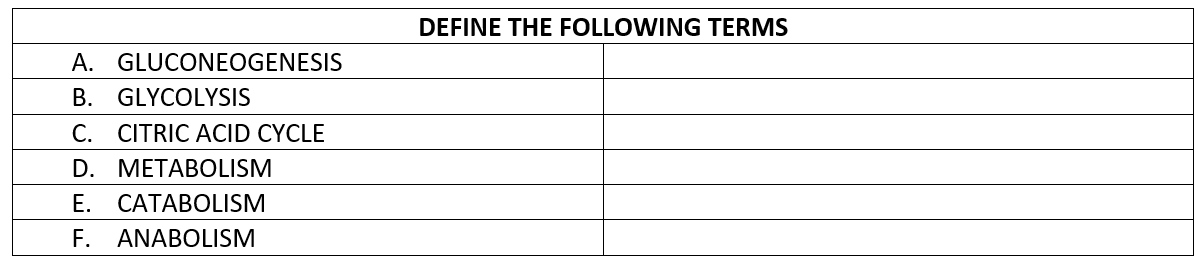 DEFINE THE FOLLOWING TERMS
A. GLUCONEOGENESIS
B. GLYCOLYSIS
С.
CITRIC ACID CYCLE
D. METABOLISM
Е.
CATABOLISM
F. ANABOLISM
