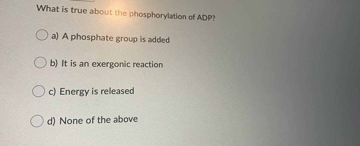 What is true about the phosphorylation of ADP?
O a) A phosphate group is added
b) It is an exergonic reaction
c) Energy is released
O d) None of the above

