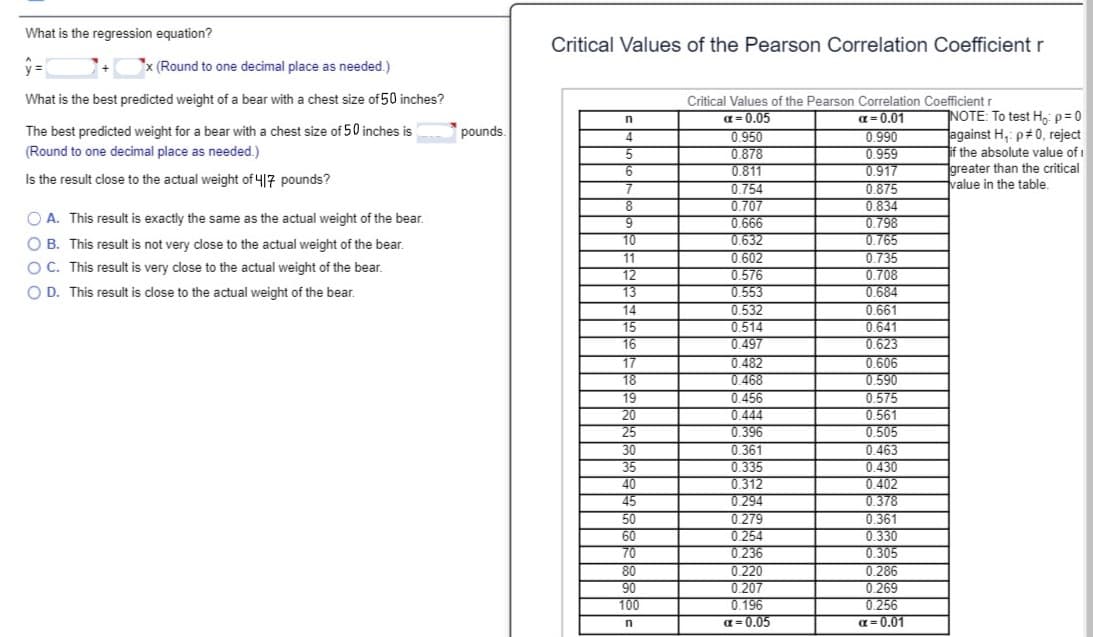 What is the regression equation?
Critical Values of the Pearson Correlation Coefficient r
x (Round to one decimal place as needed.)
What is the best predicted weight of a bear with a chest size of 50 inches?
Critical Values of the Pearson Correlation Coefficient r
NOTE: To test Ho p= 0
against H,: p#0, reject
if the absolute value of i
1greater than the critical
value in the table.
a = 0.05
0.950
0.878
0.811
0.754
0.707
0.666
0.632
0.602
0.576
0.553
0.532
a = 0.01
0.990
0 959
0.917
0.875
0.834
0.798
0.765
0.735
0.708
0.684
0.661
0.641
0.623
0.606
0.590
0.575
0.561
0.505
0.463
0.430
0.402
0.378
0.361
0.330
0.305
0.286
0.269
0.256
a= 0.01
The best predicted weight for a bear with a chest size of 50 inches is
pounds.
(Round to one decimal place as needed.)
Is the result close to the actual weight of 417 pounds?
O A. This result is exactly the same as the actual weight of the bear.
10
11
12
13
14
15
16
17
18
19
20
25
30
35
40
45
50
60
70
80
90
100
O B. This result is not very dlose to the actual weight of the bear.
OC. This result is very close to the actual weight of the bear.
O D. This result is close to the actual weight of the bear.
0.514
0.497
0.482
0.468
0.456
0.444
0.396
0.361
0.335
0.312
0.294
0.279
0.254
0236
0.220
0.207
0.196
a = 0.05
