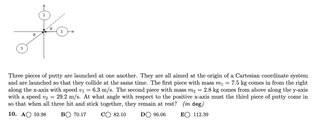 2
1
Three pieces of putty are launched at one another. They are all aimed at the origin of a Cartesian coordinate system
and are launched so that they collide at the same time. The first piece with mass mį = 7.5 kg comes in from the right
along the x-axis with speed vị
with a speed v2
so that when all three hit and stick together, they remain at rest? (in deg)
= 6.3 m/s. The second piece with mass m2
= 2.8 kg comes from above along the y-axis
29.2 m/s. At what angle with respect to the positive x-axis must the third piece of putty come in
10. АО 59.98
ВО 70.17
CO 82.10
DO 96.06
ЕО 112.39
