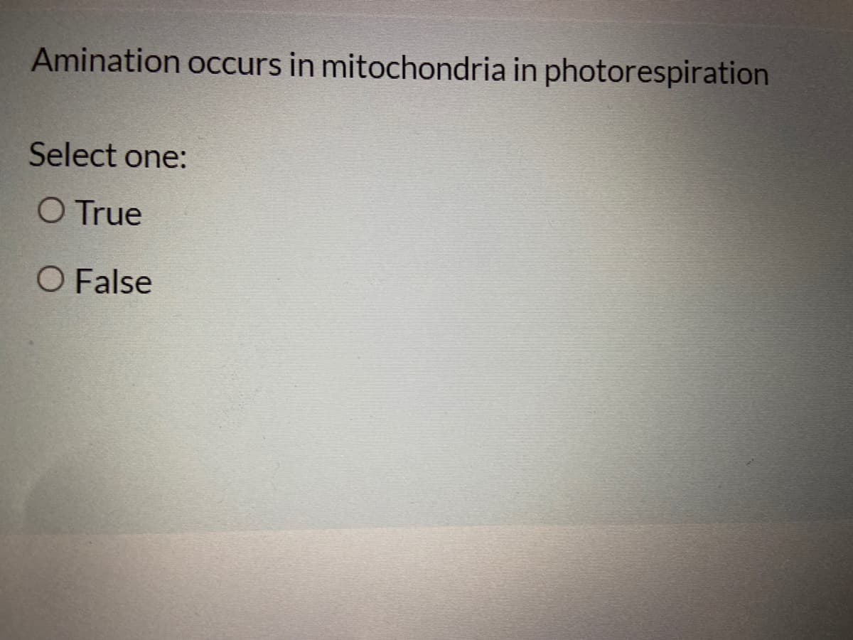 Amination occurs in mitochondria in photorespiration
Select one:
O True
O False
