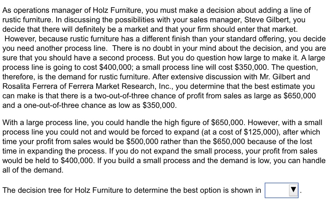 As operations manager of Holz Furniture, you must make a decision about adding a line of
rustic furniture. In discussing the possibilities with your sales manager, Steve Gilbert, you
decide that there will definitely be a market and that your firm should enter that market.
However, because rustic furniture has a different finish than your standard offering, you decide
you need another process line. There is no doubt in your mind about the decision, and you are
sure that you should have a second process. But you do question how large to make it. A large
process line is going to cost $400,000; a small process line will cost $350,000. The question,
therefore, is the demand for rustic furniture. After extensive discussion with Mr. Gilbert and
Rosalita Ferrera of Ferrera Market Research, Inc., you determine that the best estimate you
can make is that there is a two-out-of-three chance of profit from sales as large as $650,000
and a one-out-of-three chance as low as $350,000.
With a large process line, you could handle the high figure of $650,000. However, with a small
process line you could not and would be forced to expand (at a cost of $125,000), after which
time your profit from sales would be $500,000 rather than the $650,000 because of the lost
time in expanding the process. If you do not expand the small process, your profit from sales
would be held to $400,000. If you build a small process and the demand is low, you can handle
all of the demand.
The decision tree for Holz Furniture to determine the best option is shown in
