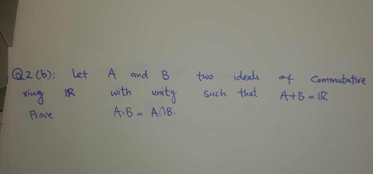 Q2 (b): let
A and B
two
ideals
with unity
of Commutative
AtB = IR
sing
IR
Such that
Prove
A.B = ANB.
