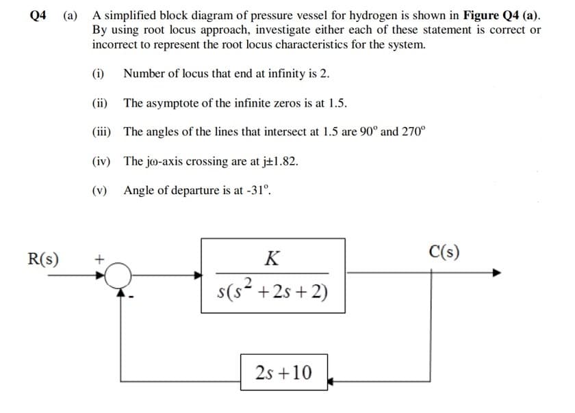 Q4
(a) A simplified block diagram of pressure vessel for hydrogen is shown in Figure Q4 (a).
By using root locus approach, investigate either each of these statement is correct or
incorrect to represent the root locus characteristics for the system.
Number of locus that end at infinity is 2.
(i)
(ii) The asymptote of the infinite zeros is at 1.5.
(iii) The angles of the lines that intersect at 1.5 are 90° and 270°
(iv) The jo-axis crossing are at j#1.82.
(v) Angle of departure is at -31°.
R(s)
K
C(s)
s(s² +2s+ 2)
2s +10
