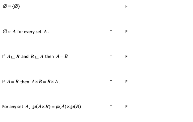 Ø ={Ø}
Øe A for every set A.
T F
If ACB and BC A then A= B
If A= B then Ax B = B× A.
TF
For any set A, p(A×B) = f>(A)× >(B)
TF
