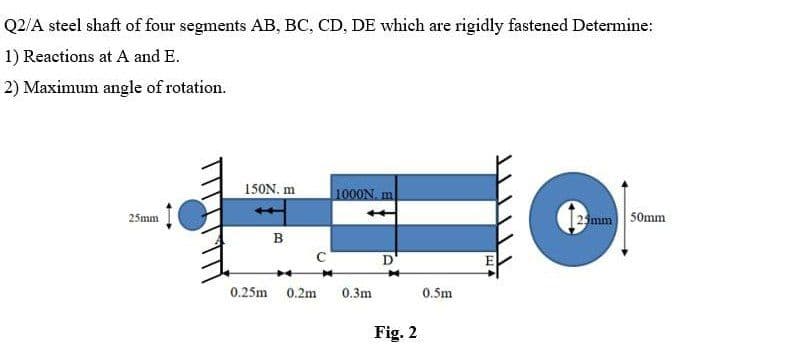 Q2/A steel shaft of four segments AB, BC, CD, DE which are rigidly fastened Determine:
1) Reactions at A and E.
2) Maximum angle of rotation.
25mm
150N. m
B
*
C
0.25m 0.2m
1000N m
0.3m
D
Fig. 2
0.5m
E
5mm 50mm