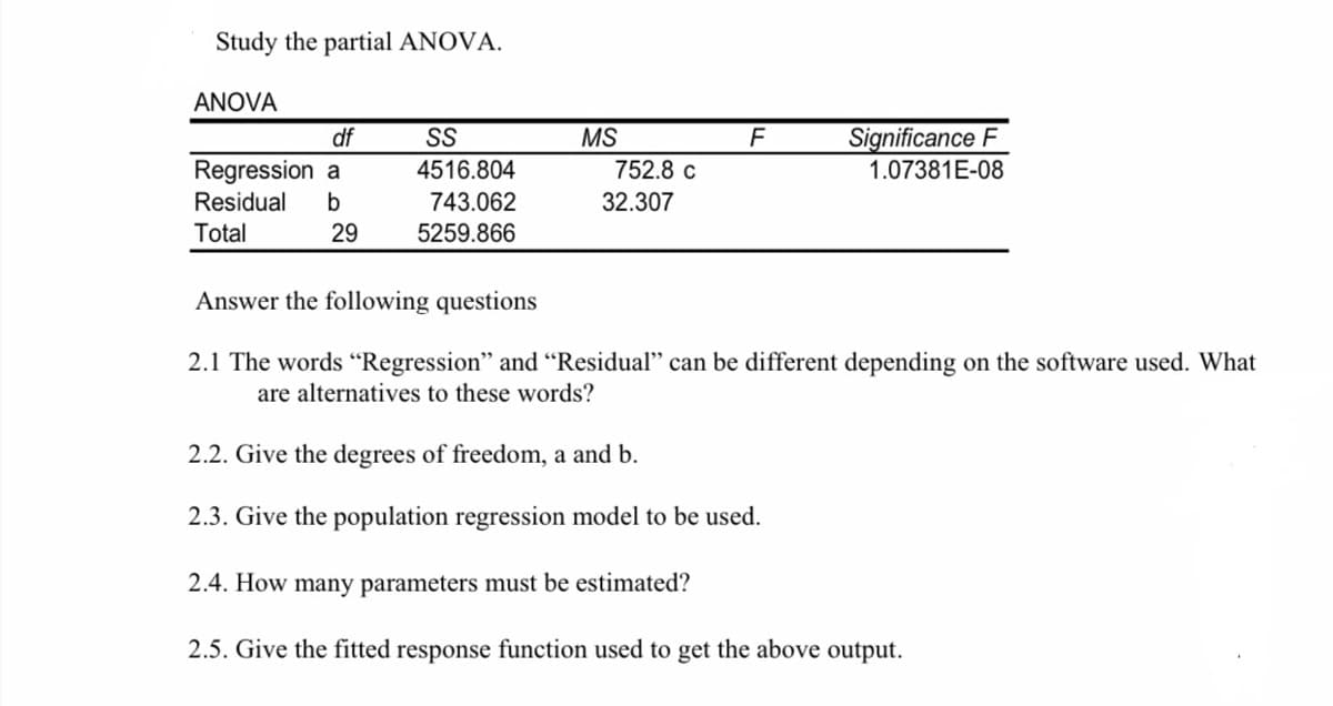 Study the partial ANOVA.
ANOVA
df
Regression a
Residual b
Total
29
SS
4516.804
743.062
5259.866
MS
752.8 c
32.307
F
Significance F
1.07381E-08
Answer the following questions
2.1 The words "Regression" and "Residual" can be different depending on the software used. What
are alternatives to these words?
2.2. Give the degrees of freedom, a and b.
2.3. Give the population regression model to be used.
2.4. How many parameters must be estimated?
2.5. Give the fitted response function used to get the above output.