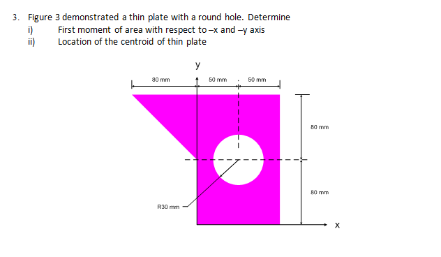 3. Figure 3 demonstrated a thin plate with a round hole. Determine
i)
ii)
First moment of area with respect to-x and -y axis
Location of the centroid of thin plate
y
80 mm
50 mm
50 mm
80 mm
80 mm
R30 mm
X
