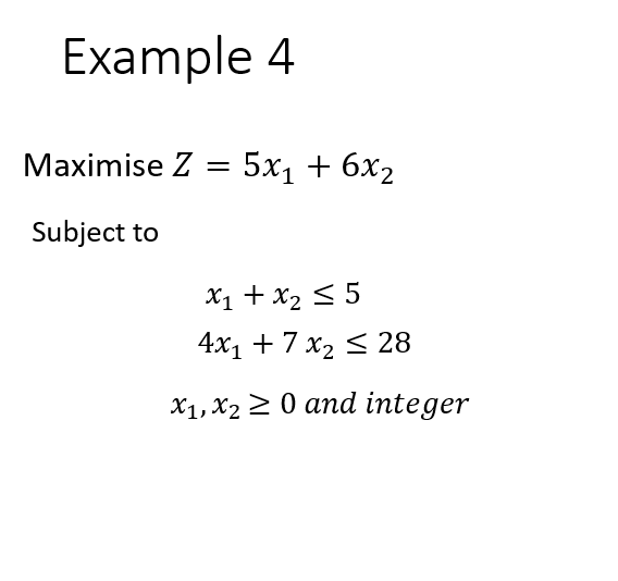 Example 4
Мaximise Z — 5х, + 6х2
Subject to
X1 + x2 < 5
4x1 + 7 х, < 28
Х1, X2 2 0 аnd integer

