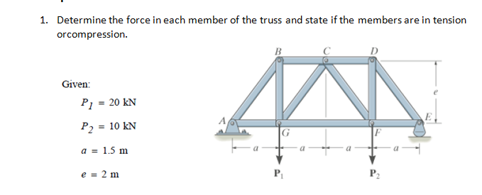 1. Determine the force in each member of the truss and state if the members are in tension
orcompression.
Given:
P1 = 20 kN
P2 = 10 kN
a = 1.5 m
a
e = 2 m
