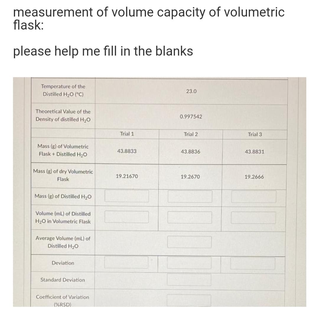 measurement of volume capacity of volumetric
flask:
please help me fill in the blanks
Temperature of the
Distilled H20 (°C)
23.0
Theoretical Value of the
0.997542
Density of distilled H2O
Trial 1
Trial 2
Trial 3
Mass (g) of Volumetric
Flask + Distilled H20
43.8833
43.8836
43.8831
Mass (g) of dry Volumetric
19.21670
19.2670
19.2666
Flask
Mass (g) of Distilled H2O
Volume (mL) of Distilled
H2O in Volumetric Flask
Average Volume (mL) of
Distilled H20
Deviation
Standard Deviation
Coefficient of Variation
(%RSD)
